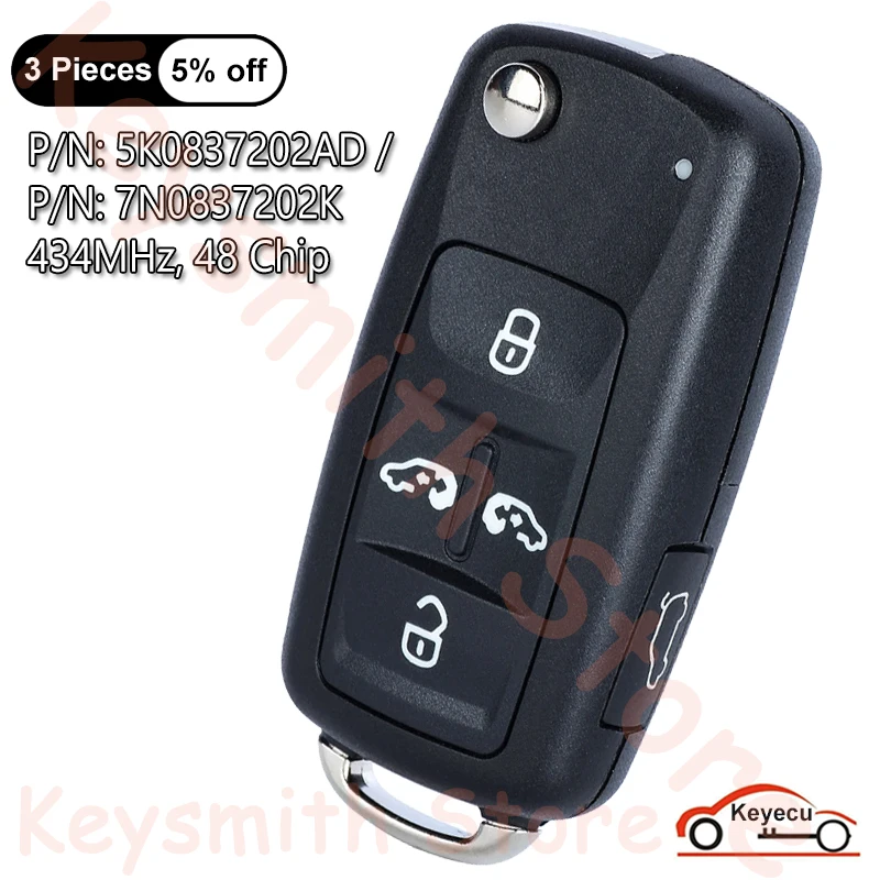 KEYECU 4+1 5 Button 434MHz ID48 Chip for VW Volkswagen Sharan Multivan Caravelle Auto Flip Remote Key Fob 5K0837202AD 7N0837202K