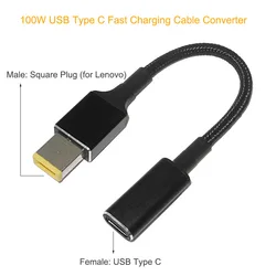 100W USB Type C Female to Square Plug Converter USB-C Fast Charging Cable Laptop Dc Power Adapter Connector for Lenovo Thinkpad