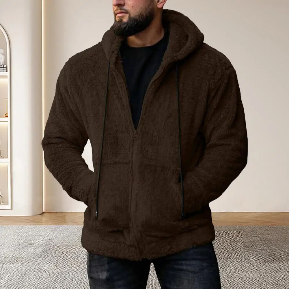 Winter Outdoor Coat Men's Winter Hooded Sweater with Zip-up Drawstring Pockets Thick Plush Solid Color Cardigan for Outdoor