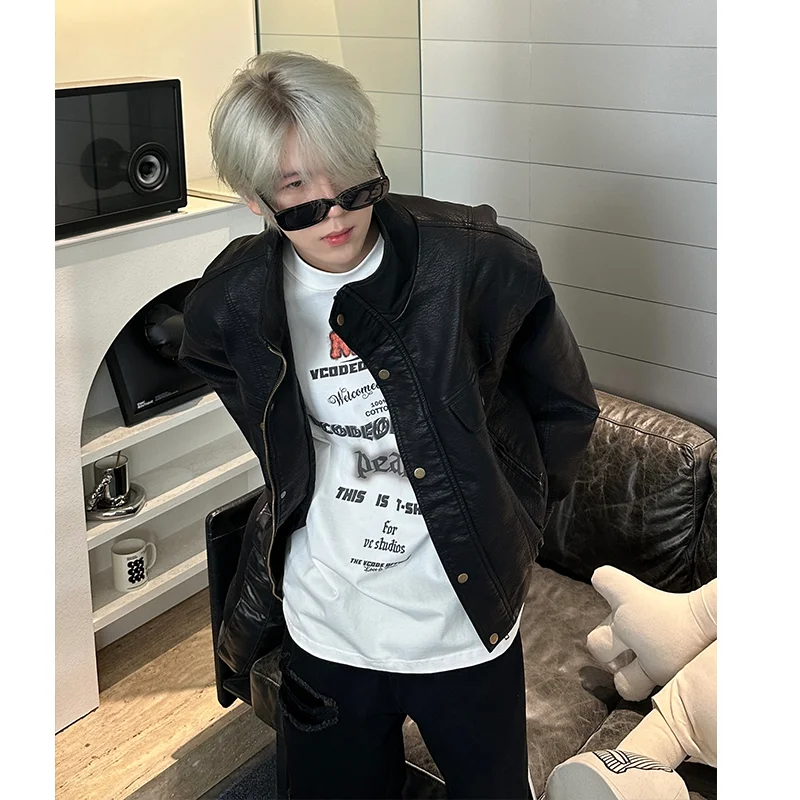 

Cleanfit Bla Leather Jaet Men's Spring Autumn Sle Trendy ort PU Leather Coat Metal Decoration Cuff Design Windproof