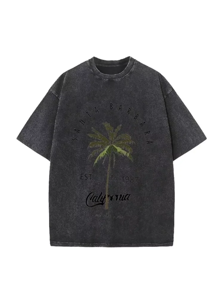 Danqi Yoyo Vintage California Palm Tree Print T Shirt Santa Barbara Retro Washed Cotton Tee Mens T-Shirt Retro trend