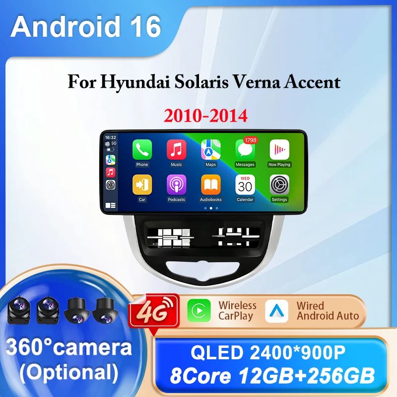 12.3inch Android 16 Car Radio for Hyundai Solaris Verna Accent 2010-2014 Multimedia Video Player Bluetooth Head Unit Carplay GPS
