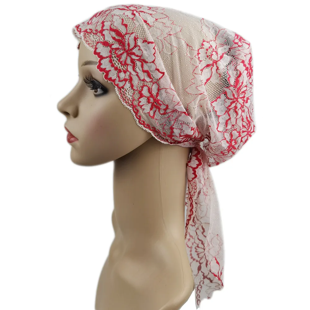 Hijab elástico para mulheres muçulmanas, lenço de cabeça, flor de renda, lenço, capa headwrap, boné chemo, headband islã, gorro