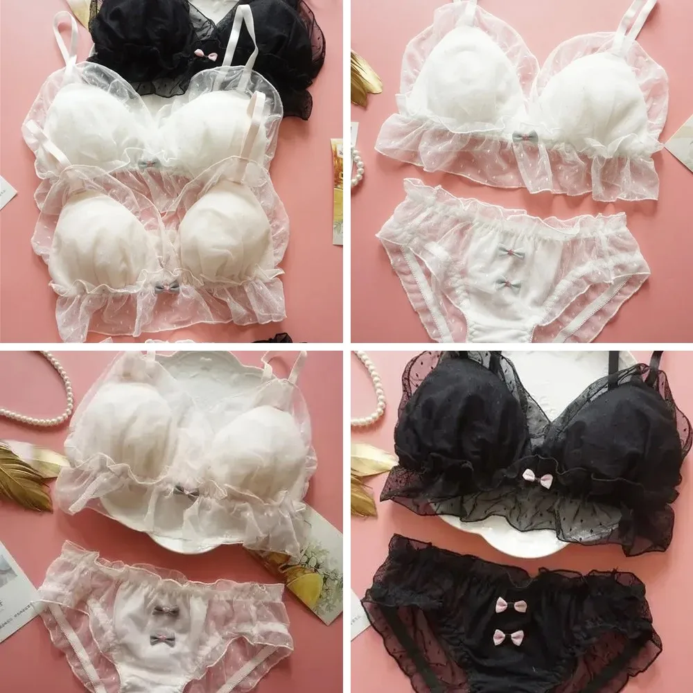 

Japanese Kawaii Lolita Bra Set - Cute Polka Dot Lace Underwear, Wirefree, Thin & Sexy for Small Chest