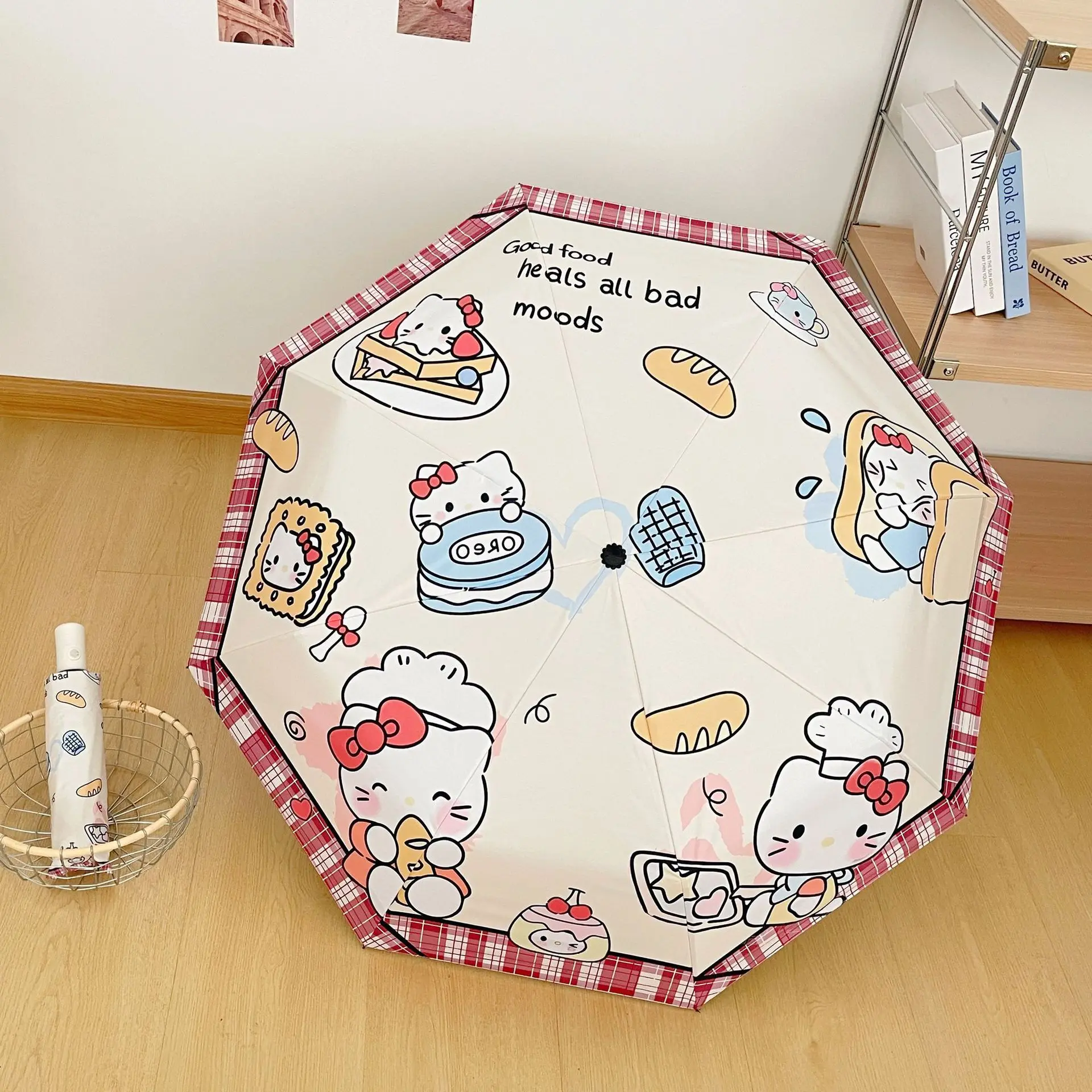 

Hello Kitty Cartoon Daily Umbrella - Auto-Open/Close 3-Fold 8-Rib UV Protection Black Coating, Student-Friendly Sun Shade