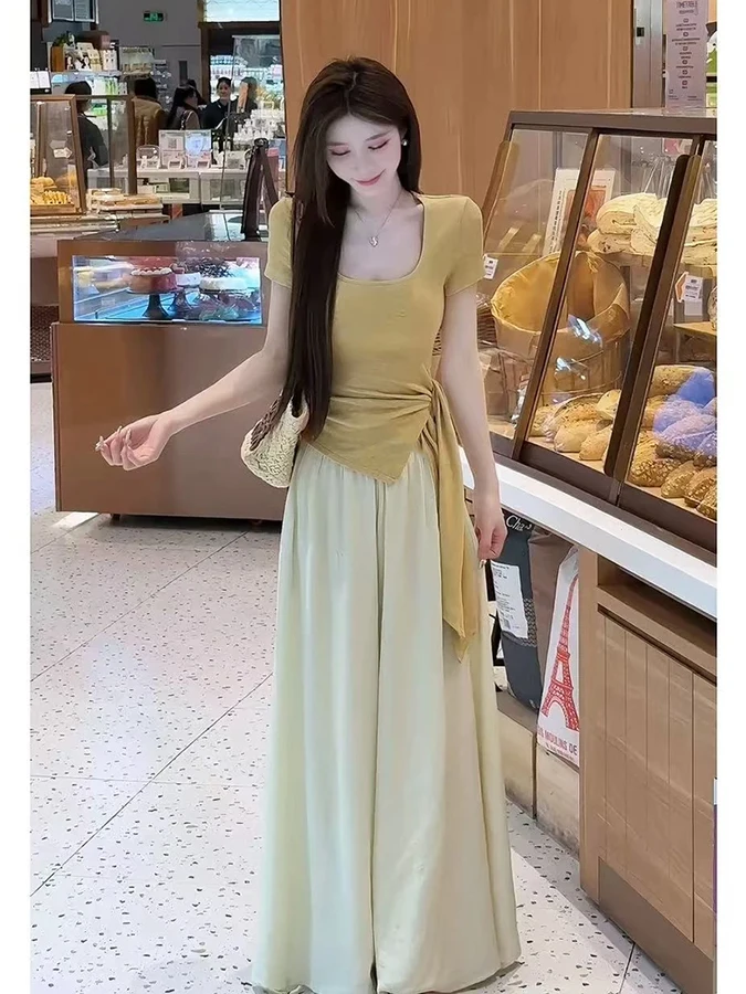 

Корейский однотонный дизайн ort Sve футболка топ женский летний новый с высокой талией дра юбка брюки комплект из двух предметов для поездок на работу Sle