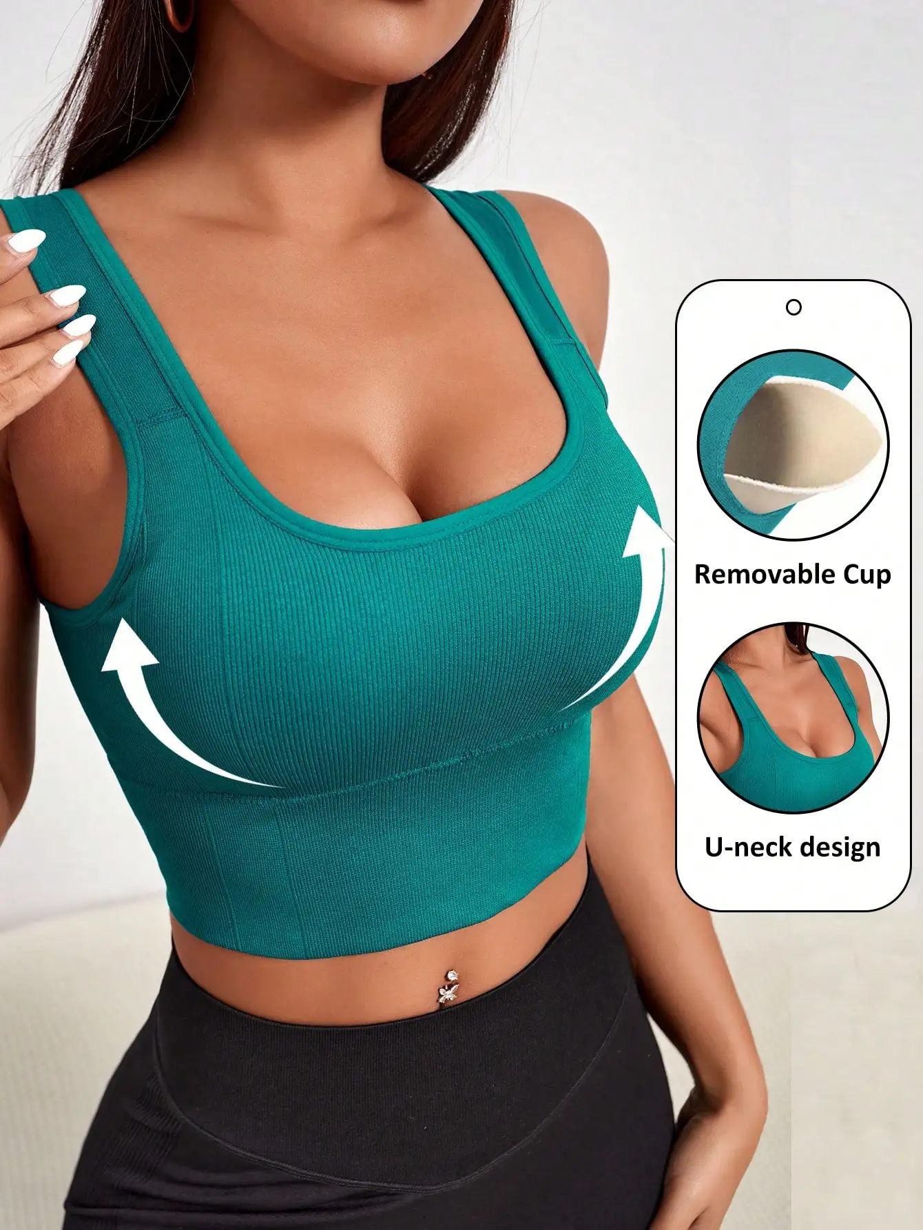 

Women Slayform Solid Ribbed Knit Sports Bra Seamless High Stretch Medium Support Padded Crop Top Breathable Slim Fit Yoga Gym Running Fitness Workout Activewear Everyday Casual Lingerie