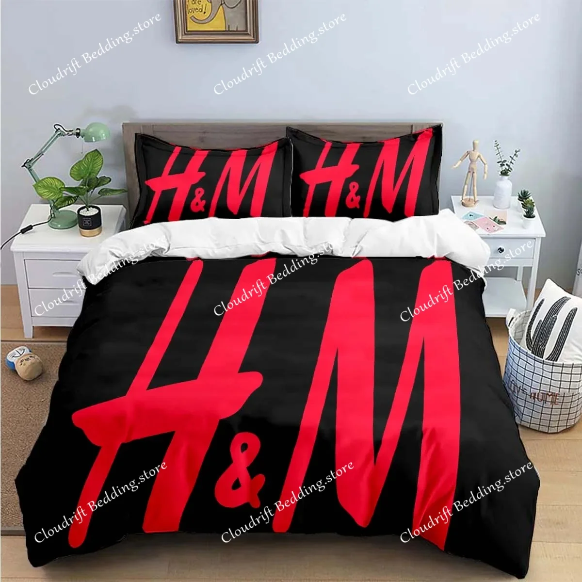 Exquisite H-HM Logo Print Bedding Sets Exquisite Bed Supplies Set Duvet Cover Bed Comforter Set Bedding Set Luxury Gift