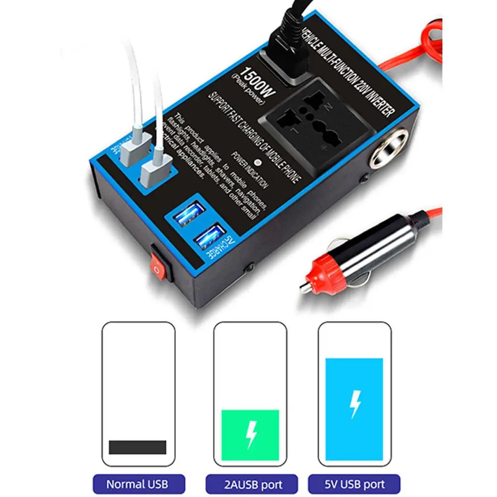 1500W Car Power Inverter 12V/24V To 220V 4 USB Ports Cigarette Lighter Port Vehicle Inverter Multiple Protections Car Accessory