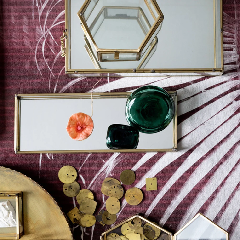 Jewelry Glass Case Golden Trim Geometrical Shape Makeup Storage Box Wedding Favor Glass Jewelry Organizer Desktop Decor
