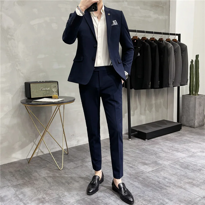 High End Men's Suit  Fashion Trend Business Formal（Jacket+Pants）Slim Fit  Solid Color 2-piece Set Blazer Trousers Groom Wedding