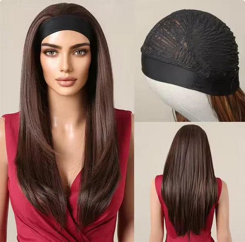 Brown Layered Synthetic Headband Wigs Smooth Straight Wig for Women Soft Heat Resistant Fiber for Daily Party Wigs