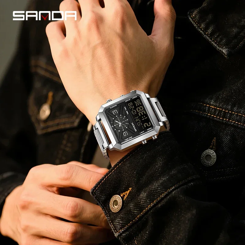 SANDA สแตนเลสสตีลกีฬาสแควร์นาฬิกาควอทซ์ผู้ชายจอแสดงผลคู่กันน้ำ LED นาฬิกาดิจิตอลนับถอยหลังนาฬิกาข้อมืออิเล็กทรอนิกส์ชาย