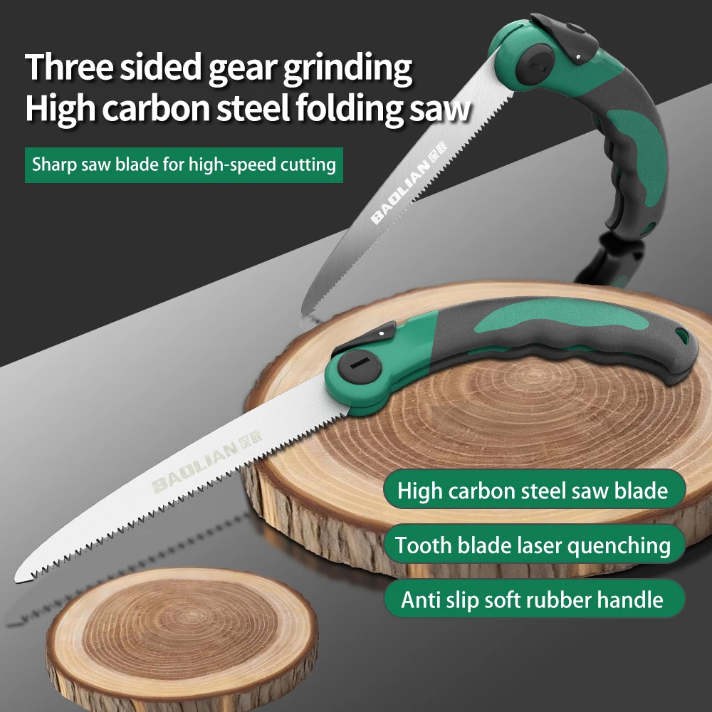 منشار يدوي عالي التحمل قابل للطي آلية قفل بزر واحد، شفرة فولاذية مقاومة للصدأ للتخييم والنجارة والبستنة #4