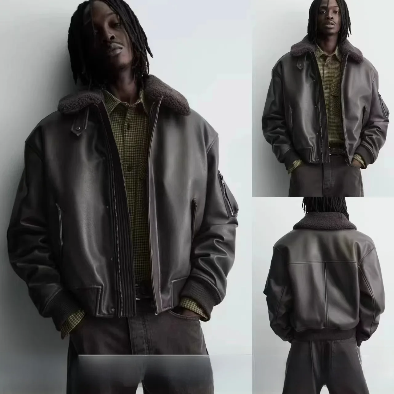 

Men's Leather Effect Jaet Coat Detachable Collar Cotton Inner Warm Casual Sle Long Sve Zipper Closure No Hat Included