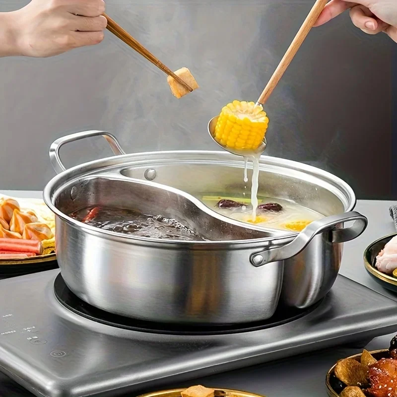 304 Stainless Steel Twin Divided Hot Pot Chinese 32/34cm Soup Hotpots Double-flavor Thicken Cooking Pot Induction Cooker view 3