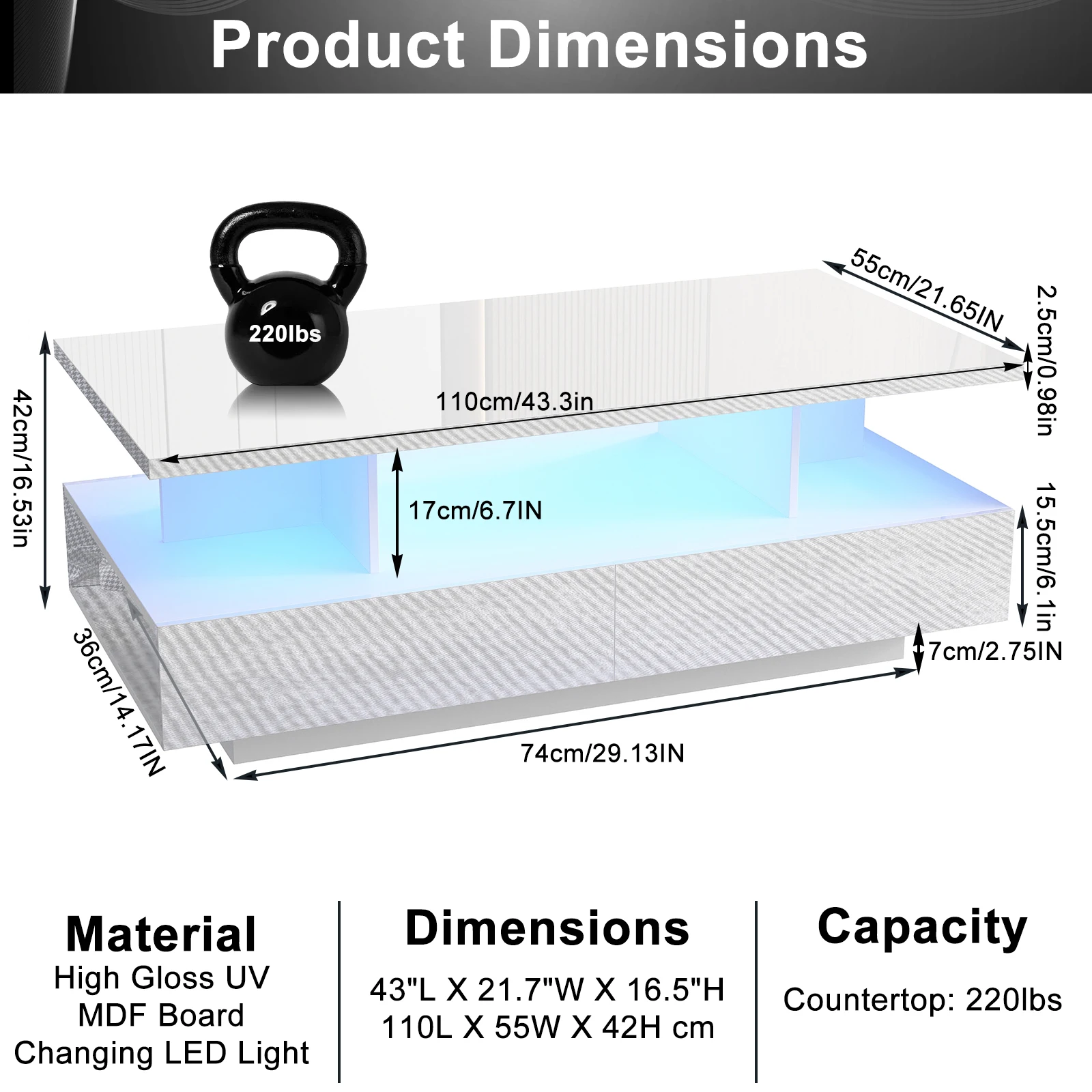 Mesa de centro LED con 2 cajones de almacenamiento, mesa de centro de alto brillo con estante de exhibición, mesa de centro rectangular moderna de 2 niveles, Blanco/negro