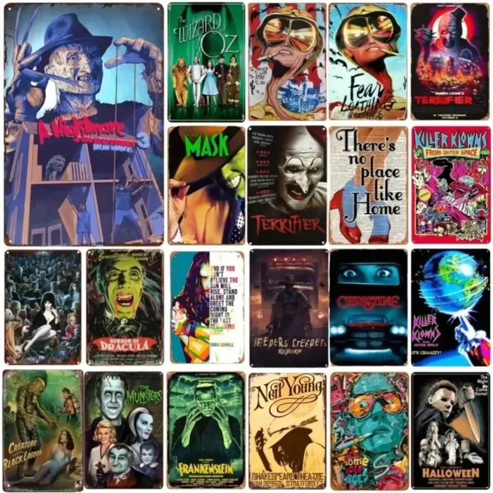 Letrero de metal de película de terror de Halloween, arte de pared de estaño desgastado, decoración del hogar del teatro de la cueva del hombre