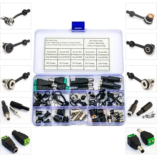 DC Power Jack Connector Assorted Kit, 5.5x2.1mm DC Power Supply Jack Socket Male Female Panel Mount Connector (DC-Cap-Kit)