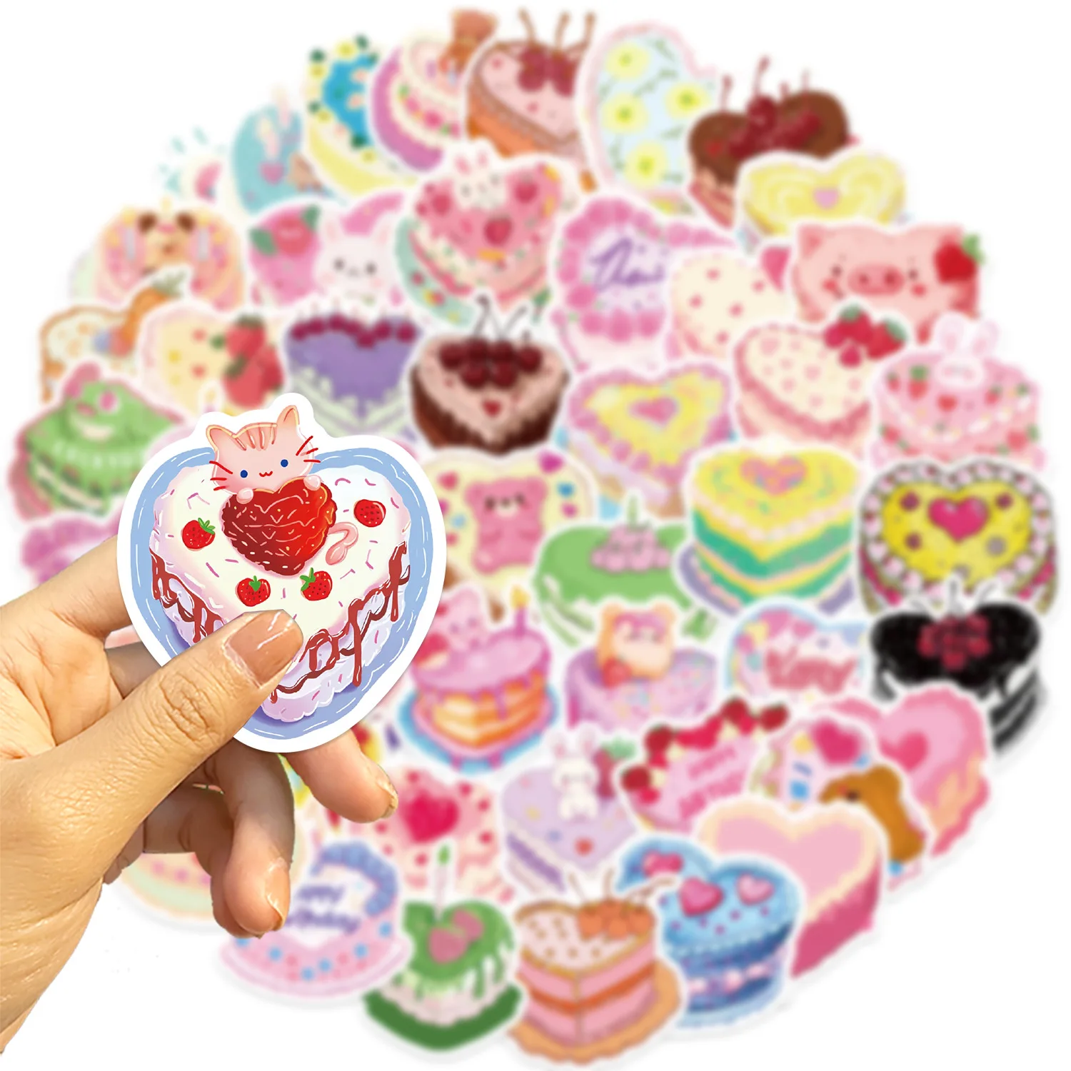 50pcs Heart Shaped Cake Cute Cartoon Graffiti Stickers DIY Phone Guitar Laptop Notebook Suitcase Cup Waterproof Sticker Kids Toy