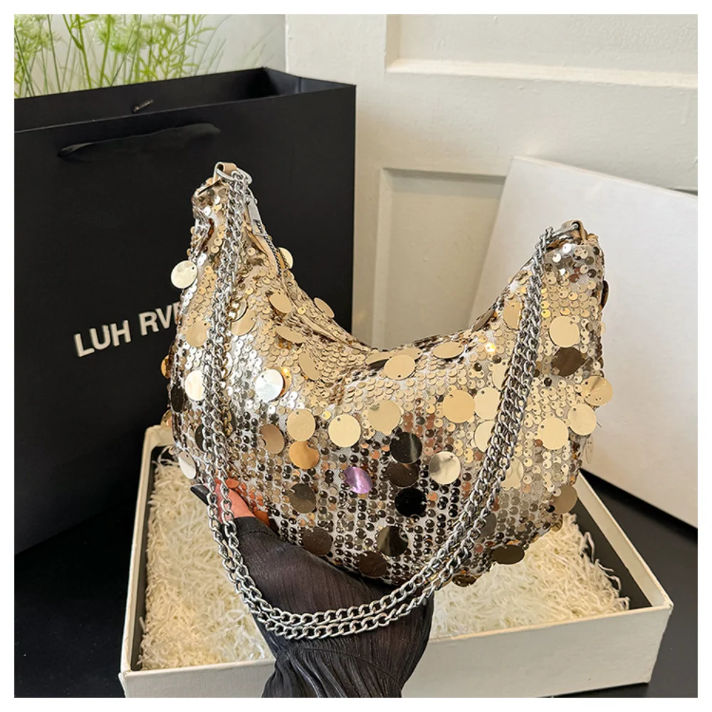 حقيبة كتف زلابية سعة كبيرة على شكل نصف قمر حقيبة كروس ترتر حقيبة يد بسلسلة على شكل نصف قمر لحفلات العشاء