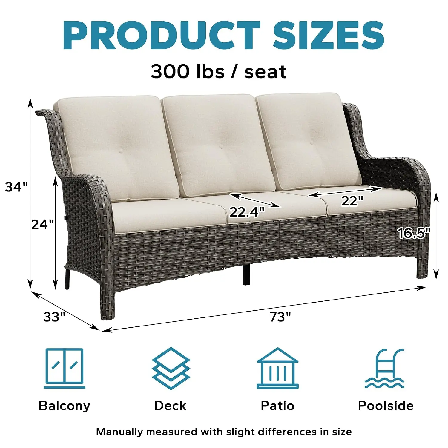 73'' Outdoor Wicker Sofa 3-Seater Rattan Couch Patio Garden Deep Seating Olefin Cushion Mixed Grey Beige, Customized