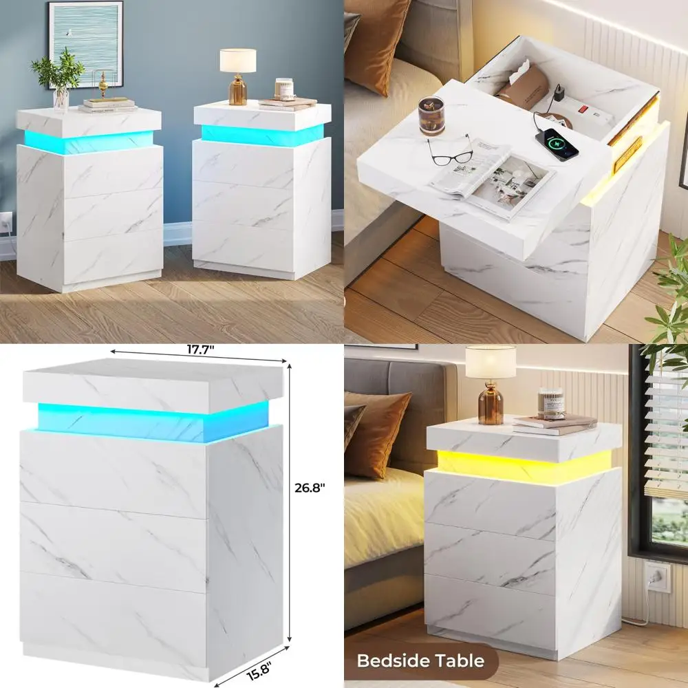 Bedroom Nightstands Set of 2 with Charging Station and Sliding Top, Modern Bedside Tables with Drawers, Nightstand for Charging
