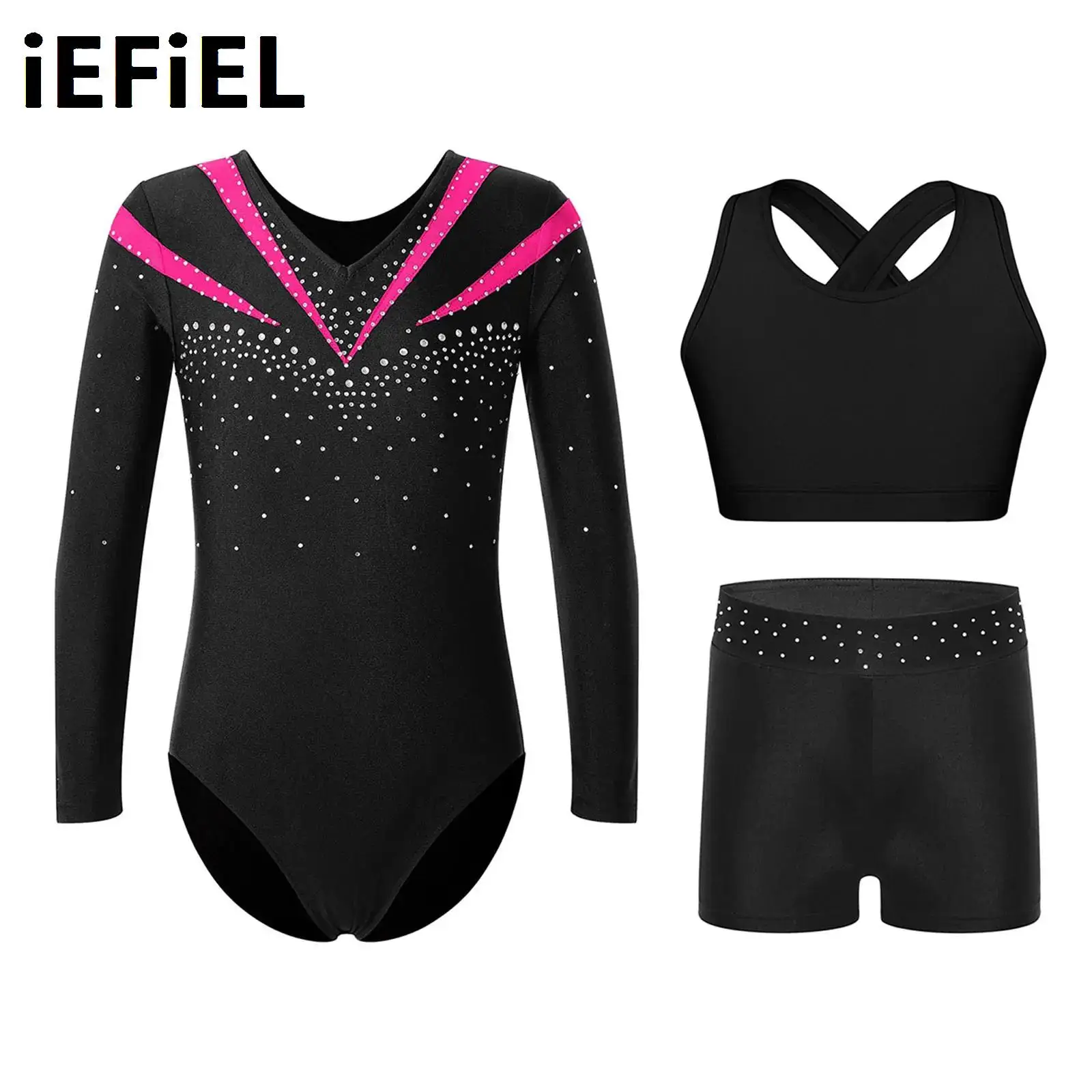 

Kids Girls Gymnastics Leotard Outfit Contrast Color Dance Leotard with Cross Back Vest Top And Rhinestones Waistband Shorts