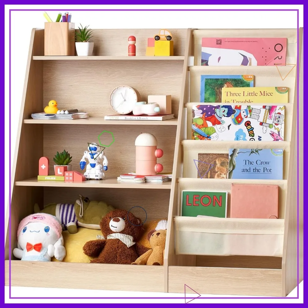 

4-Tier Wooden Kids Bookshelf with Toy Storage, Sling Book Rack for Nursery and Playroom Organization