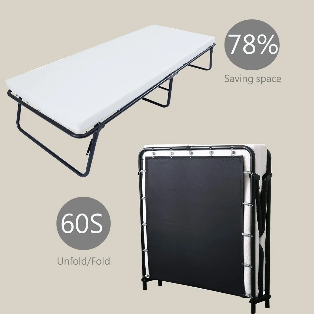 Foldaway Guest Bed Cot Fold Out Bed - Portable Folding Bed Frame with Thick Memory Foam Mattress for Spare Bedroom & Office