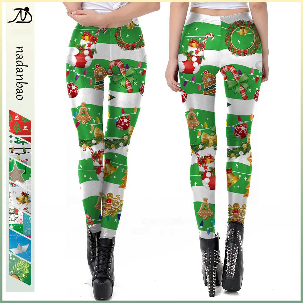 Nadanbao Santa Claus Stripe Printing Leggings Women Sexy Green Funny Elastic Tights Trousers Female Mid Waist Holiday Pants