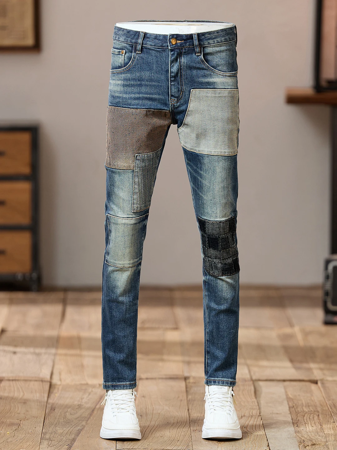 

American Sle Men's Slim Fit Jeans Patchwork Color Blo Elastic Patch Repair Vintage Cool Long Pants Cotton Stretch Denim