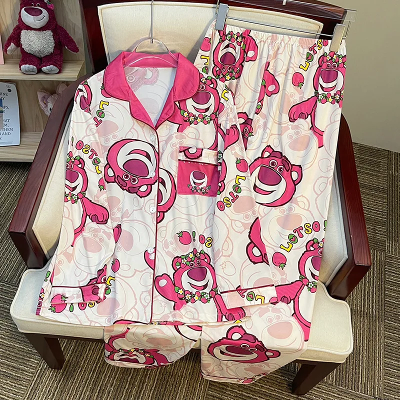 Hot Toys Disney Pajamas Women\'s Milk Silk Spring and Autumn Cartoon Strawberry Bear Home Suit Can Be Outworn Set