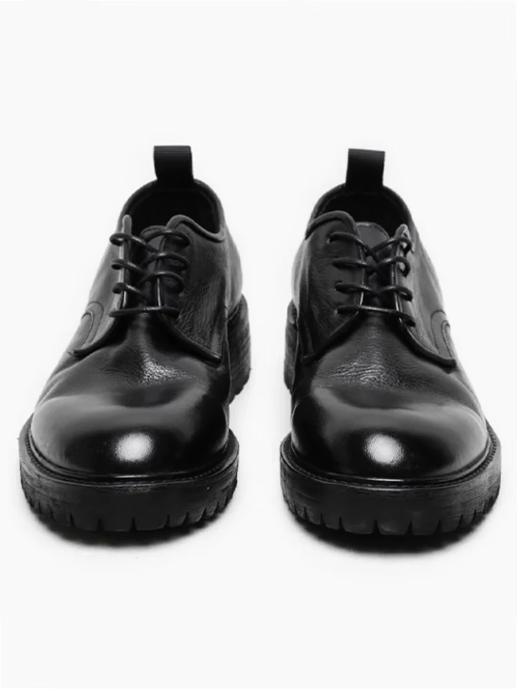 High Quality Men Cowhide Genuine Leather Business Work Formal Shoes Autumn New Lace Up Thick Platform Wedding Party Dress Shoes