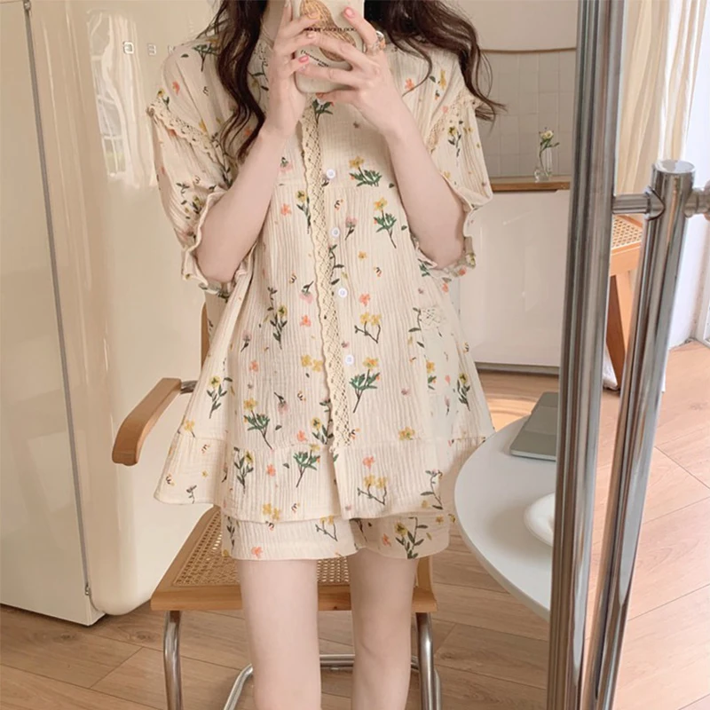 

Pajama Sets Turn-down Collar Short Sleeve Women Summer Lace Floral Print Cartoon Kawaii Trendy Womens 2pcs Pyjamas Elegant