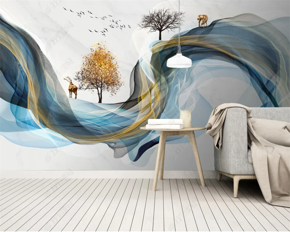 beibehang Nieuwe Chinese stijl handgeschilderde persoonlijkheid behang abstracte lijnen gemarmerd artistieke conceptie landschap behang