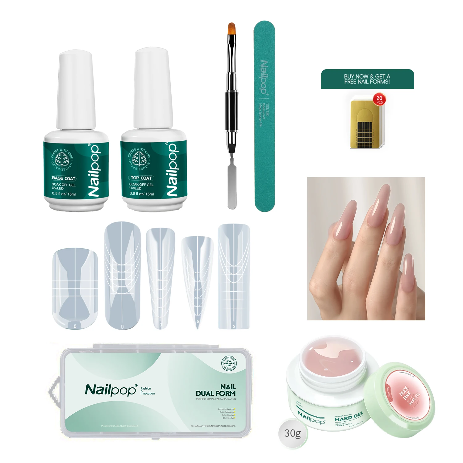 Nailpop Dual Nail Forms 30g Nude Builder Nail Extension Gel Kit Nail File Base Coat Top Coat Semi Permanent Extension Nails Art