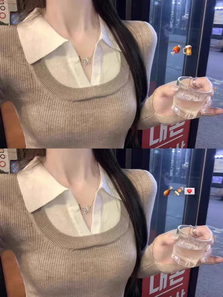 Women's Neck Knitted Sweater Long Sleeve Slim Fit Inner Wear Trendy Girl Top Color Block Design Commute Style Korean Ver...