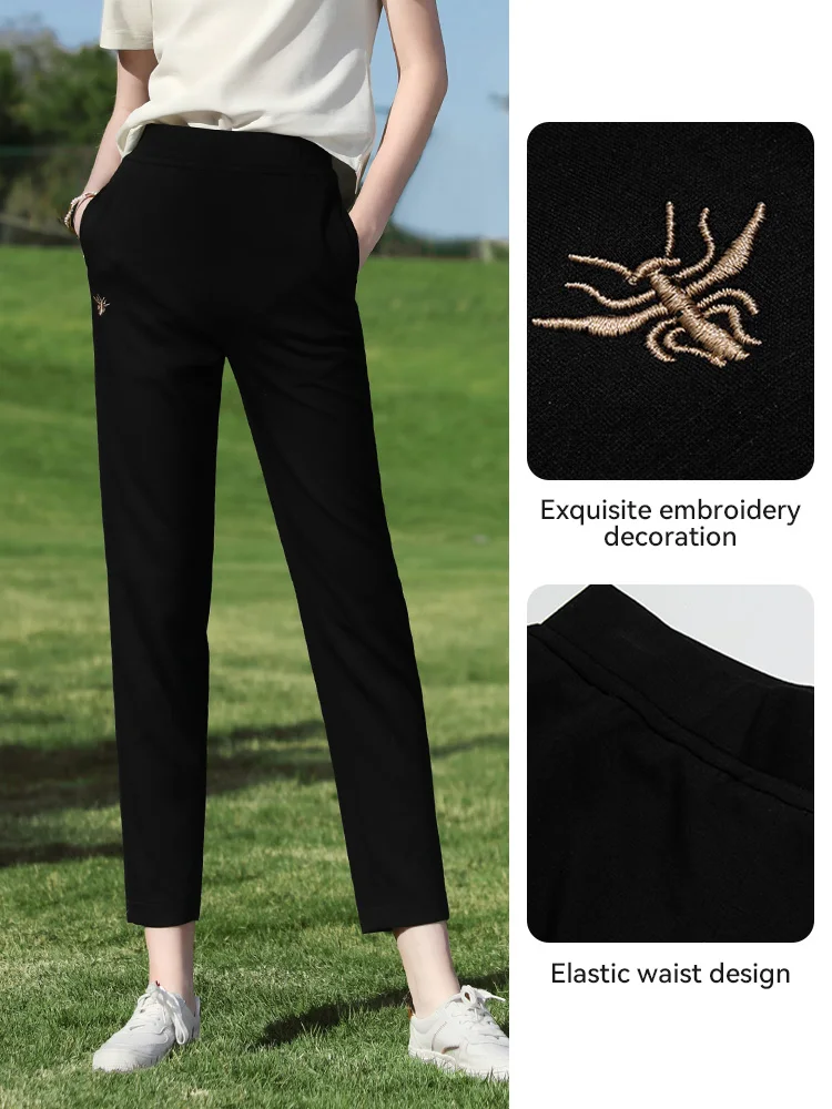 I BELIEVE YOU Black Embroidered Casual Pants Summer 2025 Elastic Waist Harun Pants High Waist Ankle-Length Trousers 2251045952