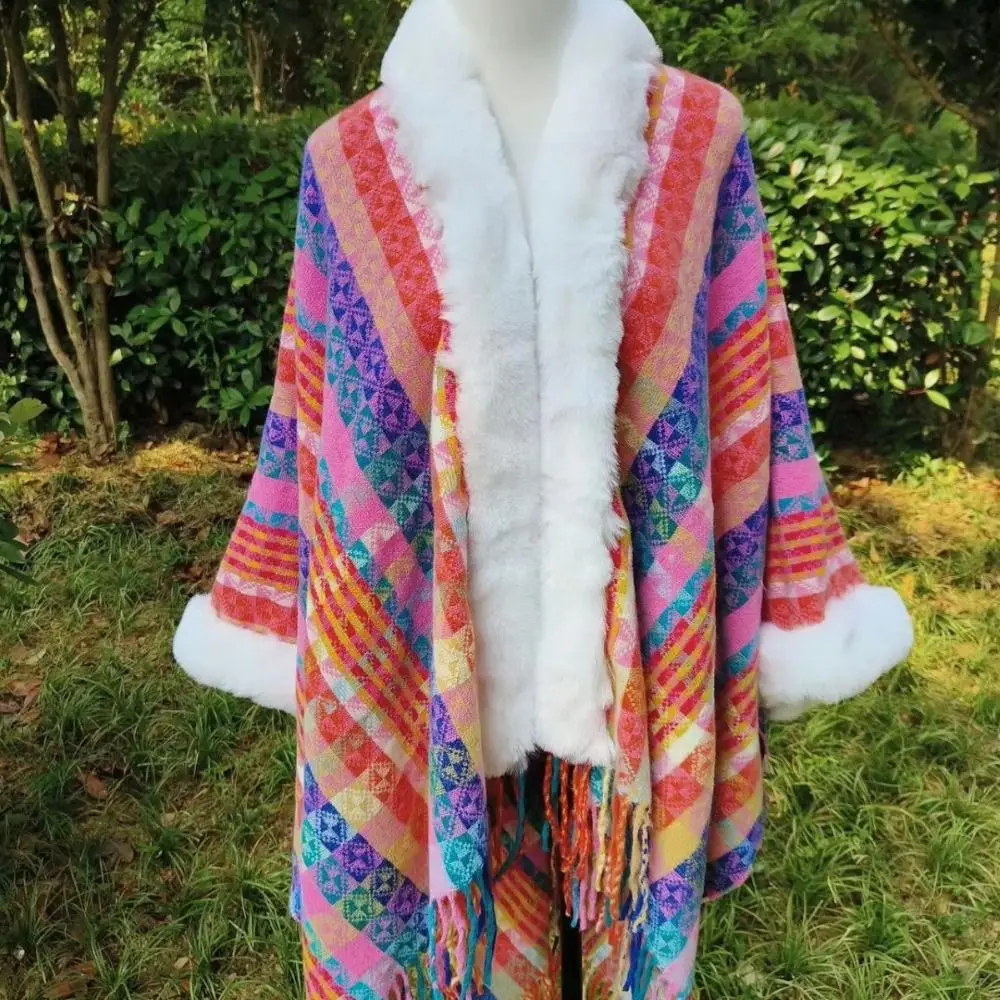 

Winter Warm Faux Fur Collar Shawl Striped Ethnic Style Mongolian Poncho Imitation Cashmere Cardigan Tassel Shawl