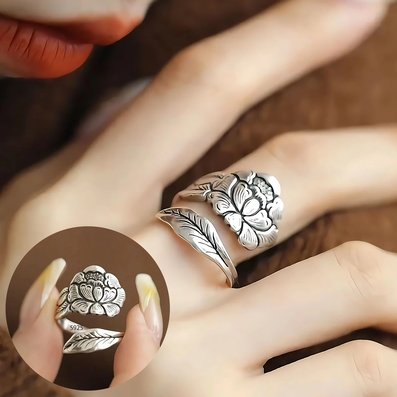 

PANJBJ 925 Sterling Silver Flower Rings For Women Irregular Retro Punk Design Ethnic Open Jewelry Birthday Gifts Dropshipping