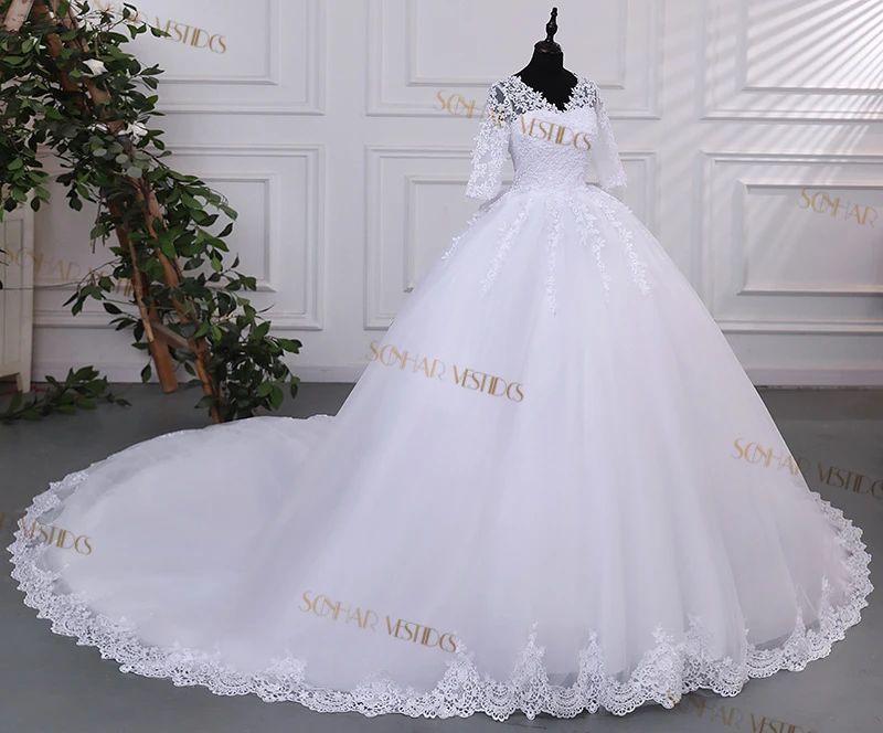 Sonhar Vestidos Pure White Wedding Dresses Half Sleeve Wedding Dress With Trian Classic Brides Cheap Wedding Dresses Customized