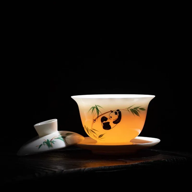 Chinese Handmade White Porcelain Gaiwan Hand-painted Panda Ceramic Teacup Travel Portable Tea Bowl Household Tea Set Accessories