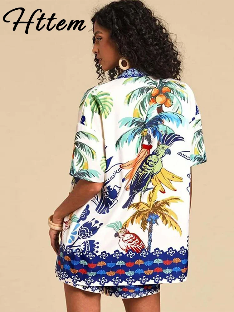 

Повседневный комплект рубашек на шнуровке с принтом, женские свободные рубашки без пуговиц с короткими рукавами, мини-шорты, лето 2024, женские уличные наряды ﻿ ﻿