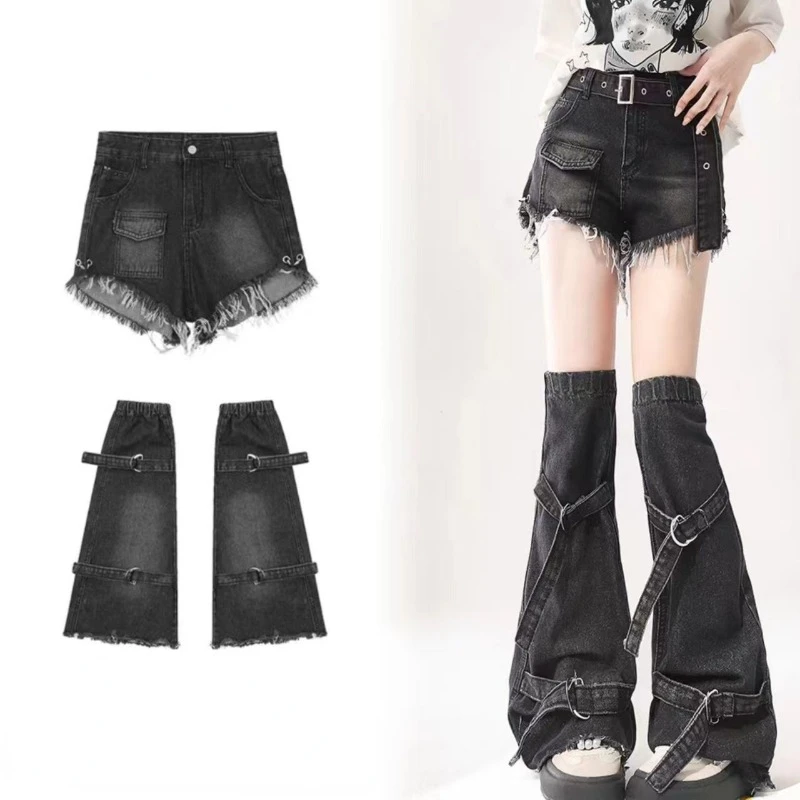 Women Cowboy Shorts Gaojie Y2k Black Burr Edge Summer Hottie High Waisted Wide Legs Trousers Legging Suit