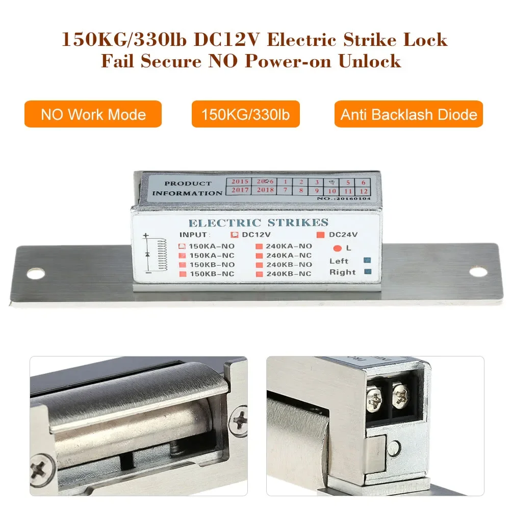 Door Entry Access Control System, Electric Strike Lock, Secure Fail, No Power-on Unlock, Anti-Backlash Diodo, 150kg, 330lb, DC12V