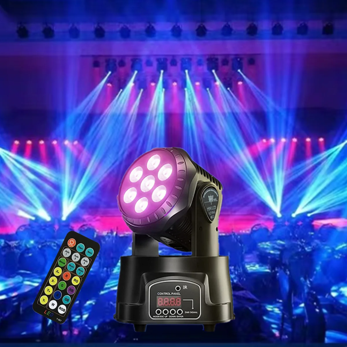 

DJ disco light moving head light 7 x 8W 360-degree rotating RGBW stage light DMX remote voice-controlled spotlight beam light