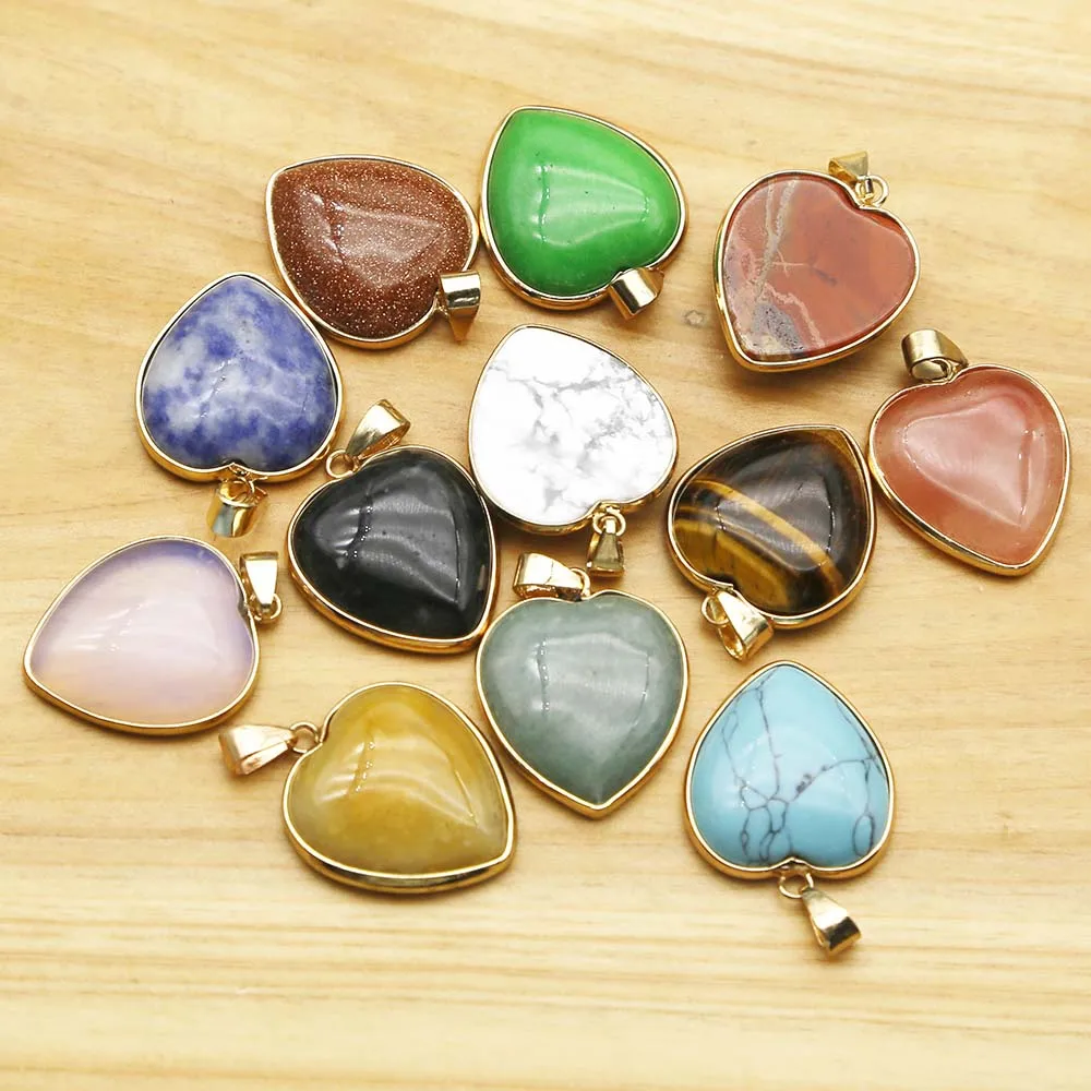 Natural Stone Mixed Color Crystal Agate Heart Phnom Penh Necklace Pendant Quality Charm Jewelry Gift Accessories Wholesale 10Pcs