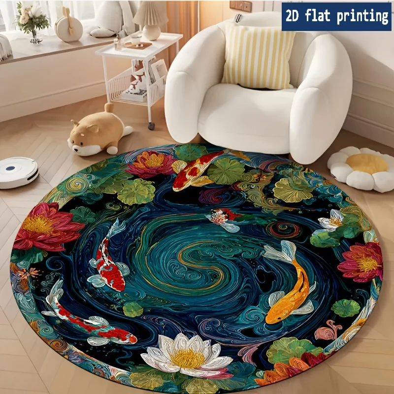 Traditional Chinese Round Rug Koi Fish Lily Pond Area Mat Artistic Ink Fluid Pattern Nordic Couch Bedside Decorative Carpet
