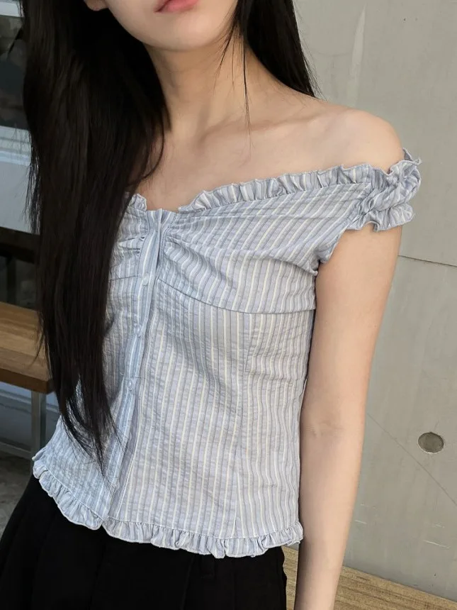 Coréen Sle bleu rayé ort Sve femmes irt dentelle garniture bouton unique printemps été Faion trajet pur e-commerce